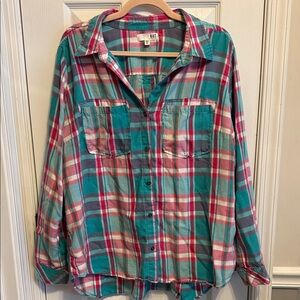 Kut from the Kloth Pink and Green Plaid Button Down Shirt Sz XXL